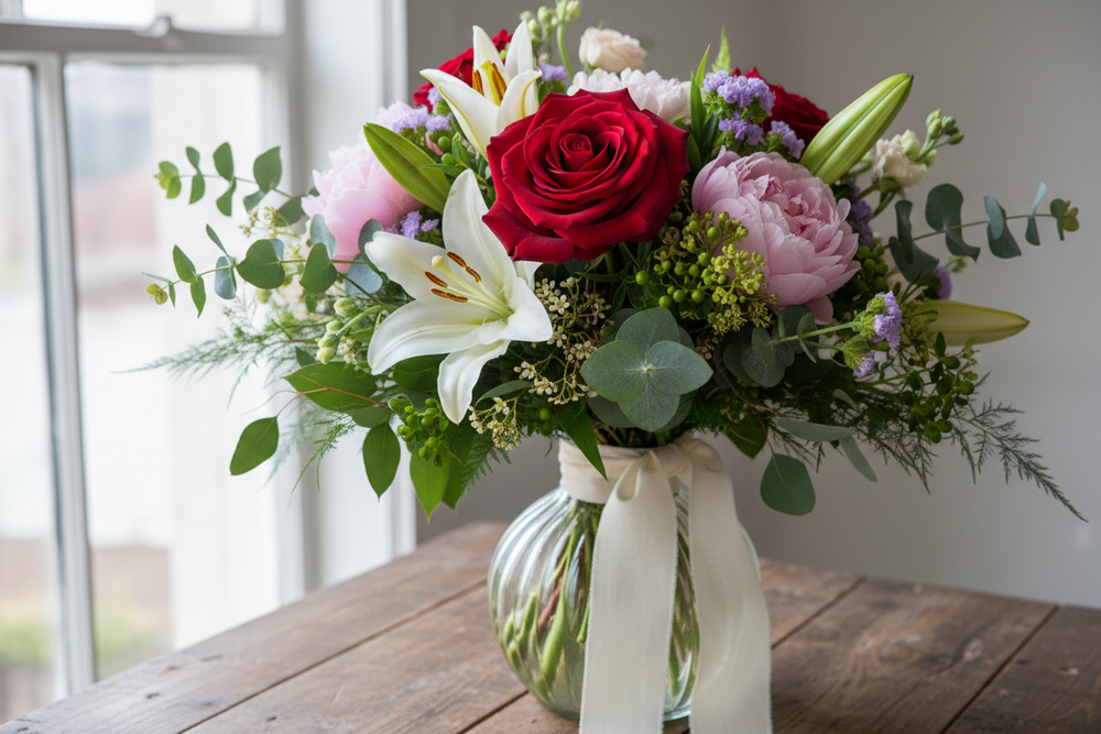 bouquet of flowers single red rose 