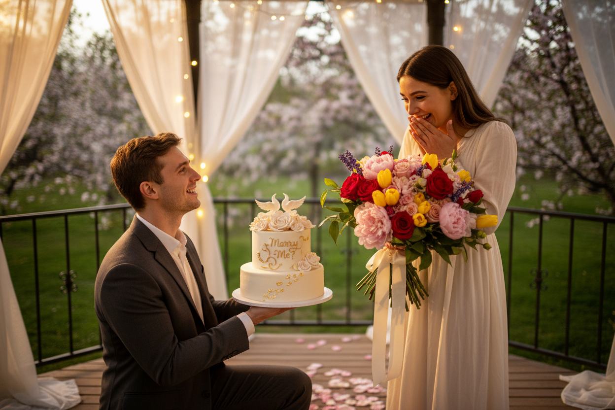 boy propose girl with cake and flower gift