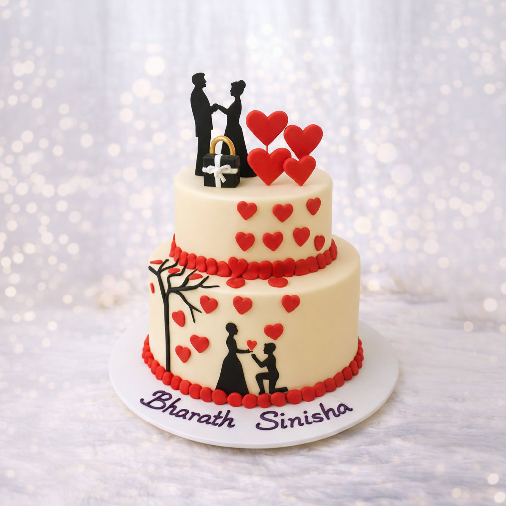 Two-tier wedding cake with heart decorations and silhouettes against a light background