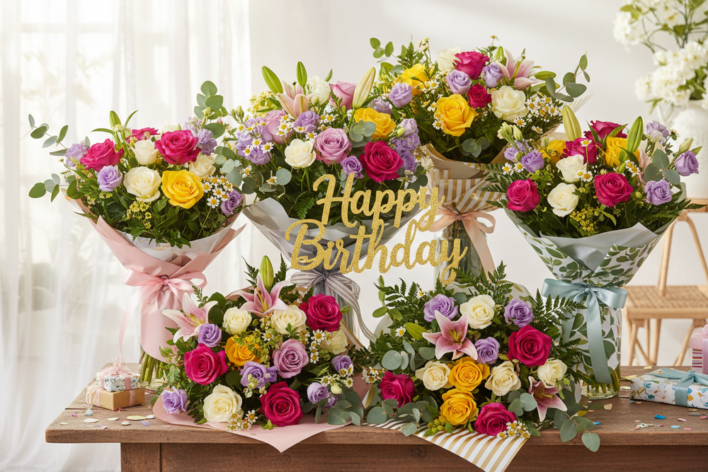 Flower Bouquets with happy birthday greeting 