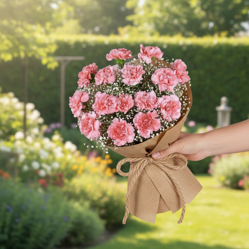 Bouquet of pink flowers in a room with a blurred background