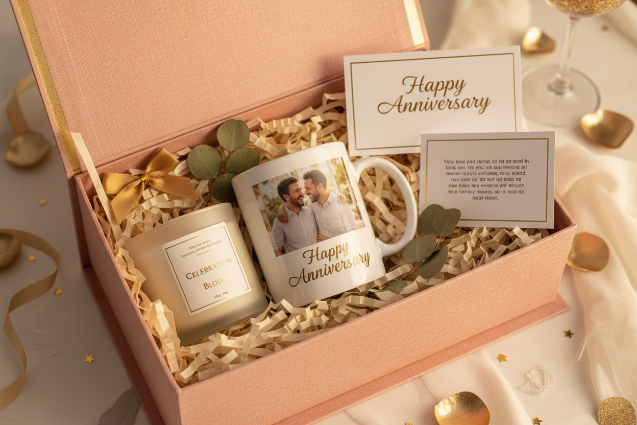 open gift box into show candle happy anniversary card photo mug into box greeting  