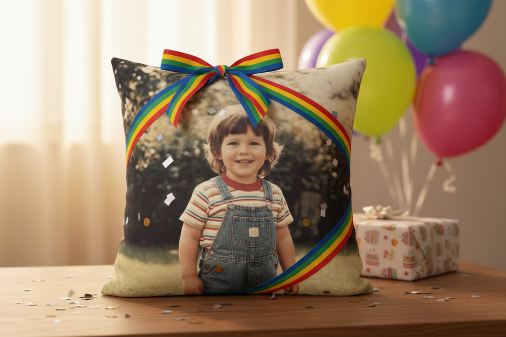 pillow on childhood photo giving on birthday 