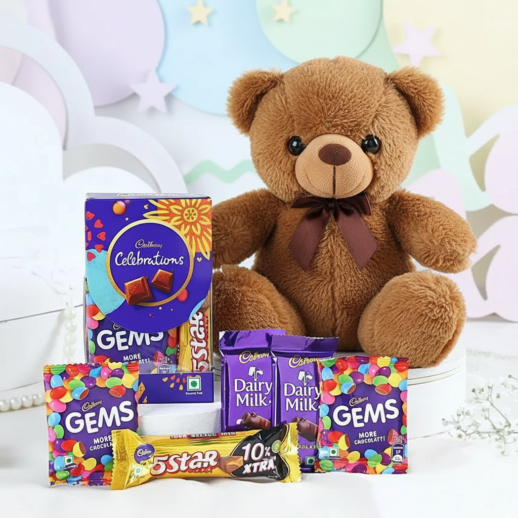 Teddy bear with Cadbury chocolate bars on a white background