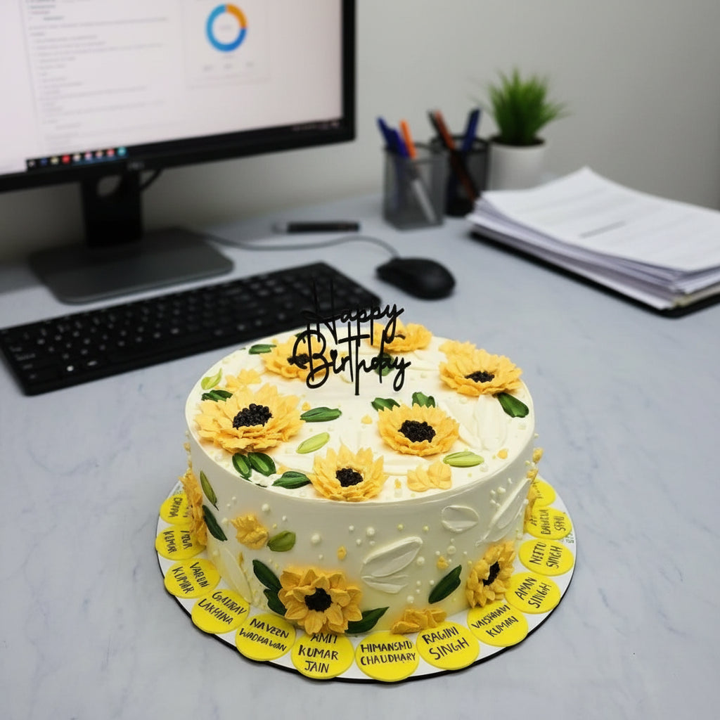Birthday cake with yellow flower decorations and 'Happy Birthday' topper on a gray background