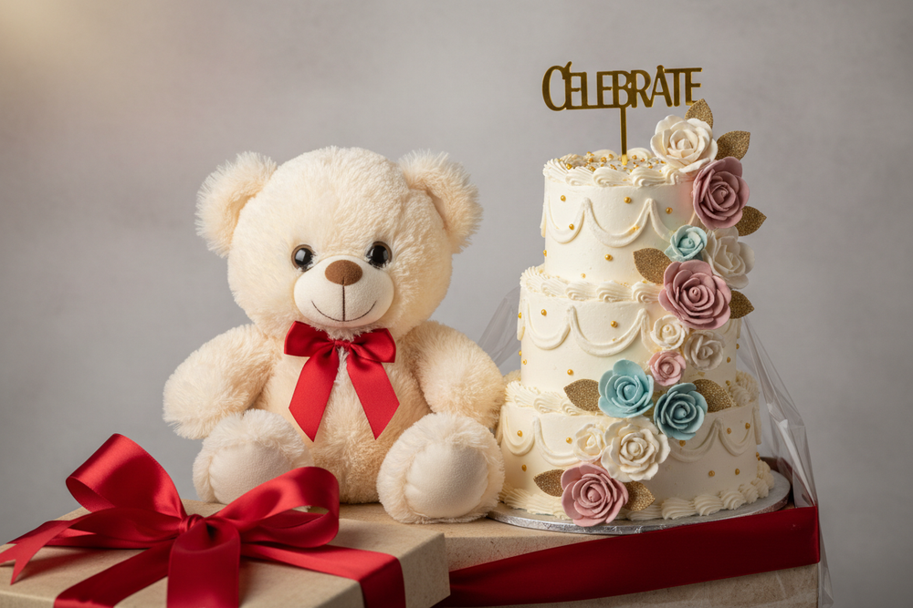 teddy bear and cake gift 